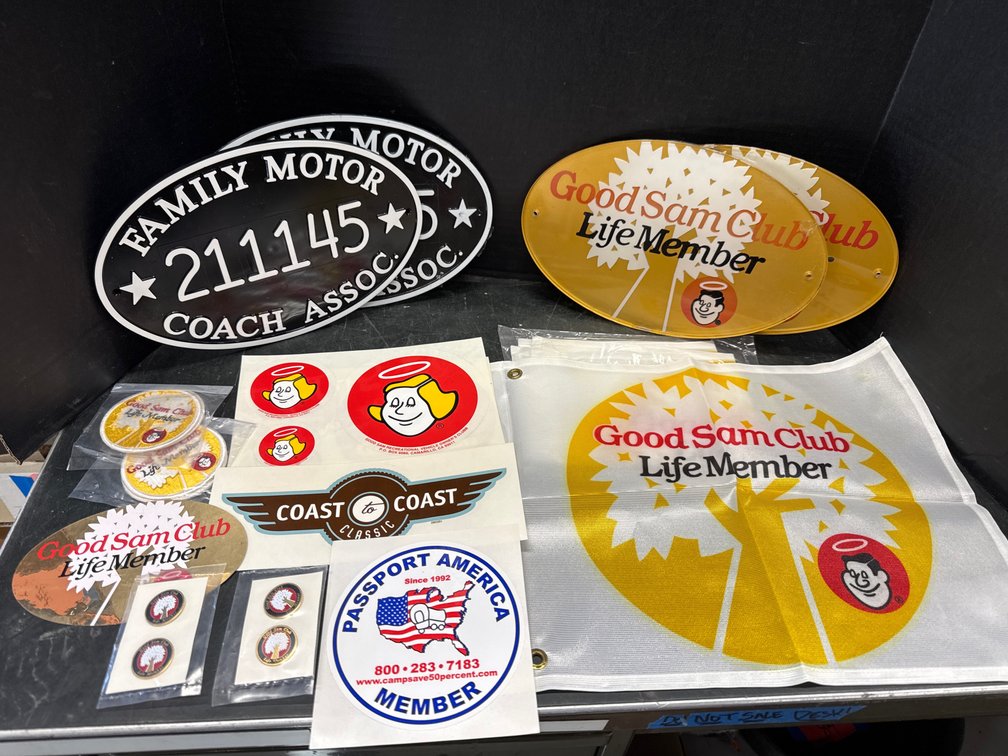Sams Club Life Member, and Family Motor Coach Ass. Plaques, Stickers, flag, Pins