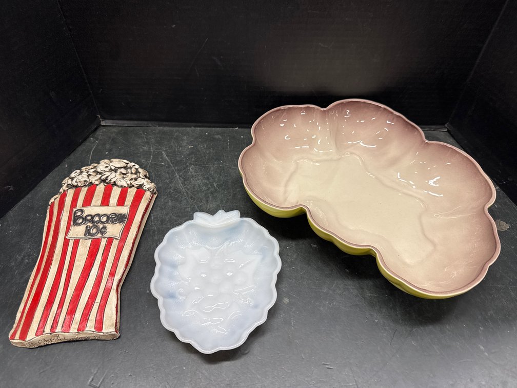 Popcorn Wall Plaque, Pottery Bowl, and  Milk Glass Grape Cluster Dish