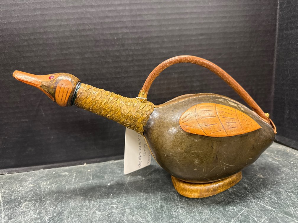 Leather Wrapped Green Glass Duck Shaped Decanter