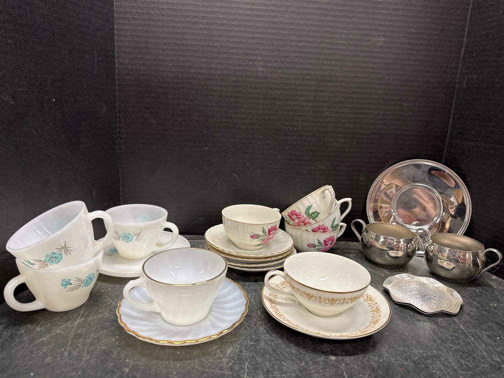 Assorted Cups, Saucers, and Stainless Sugar/Creamer Set