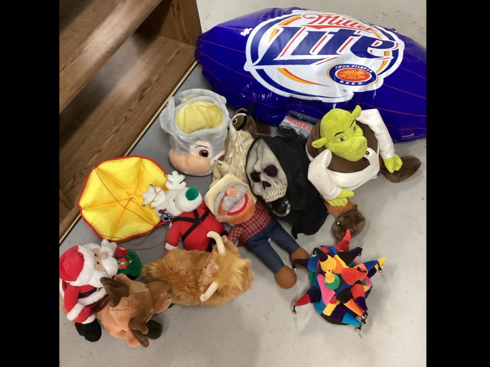 Assorted Stuffed Animals & Miller Lite Blowup