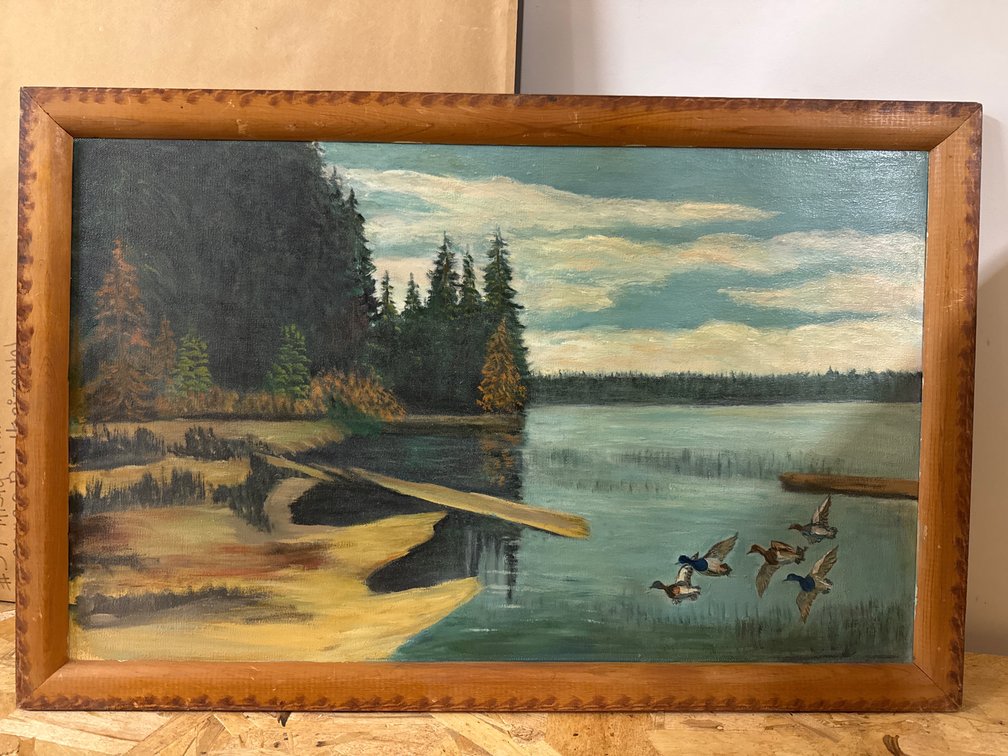 Landscape Painting Of Lake and Ducks