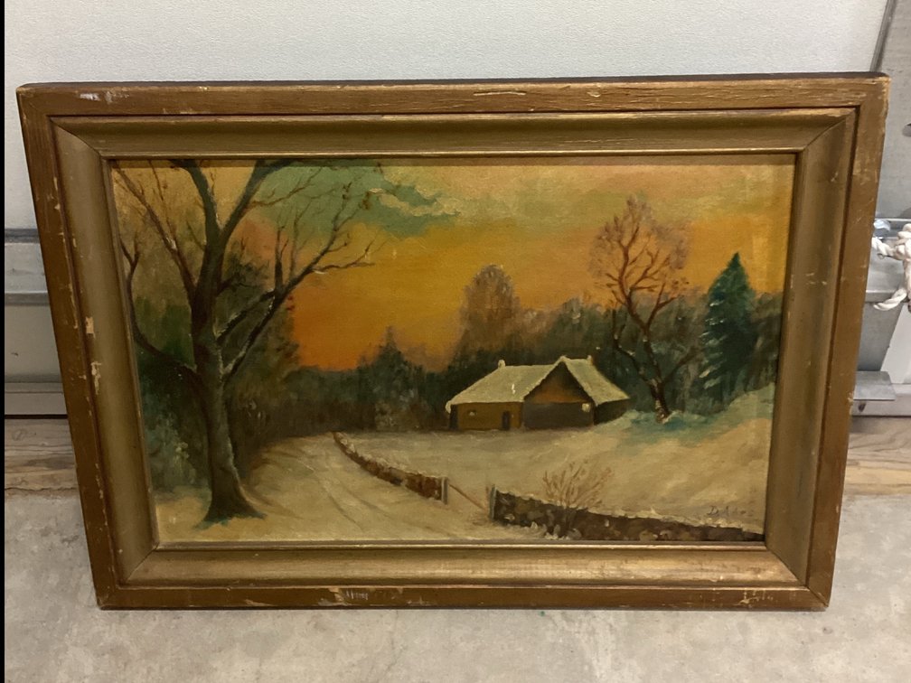 Framed Original Oil Painting “Winter Landscaping Snow Covered Cottage”