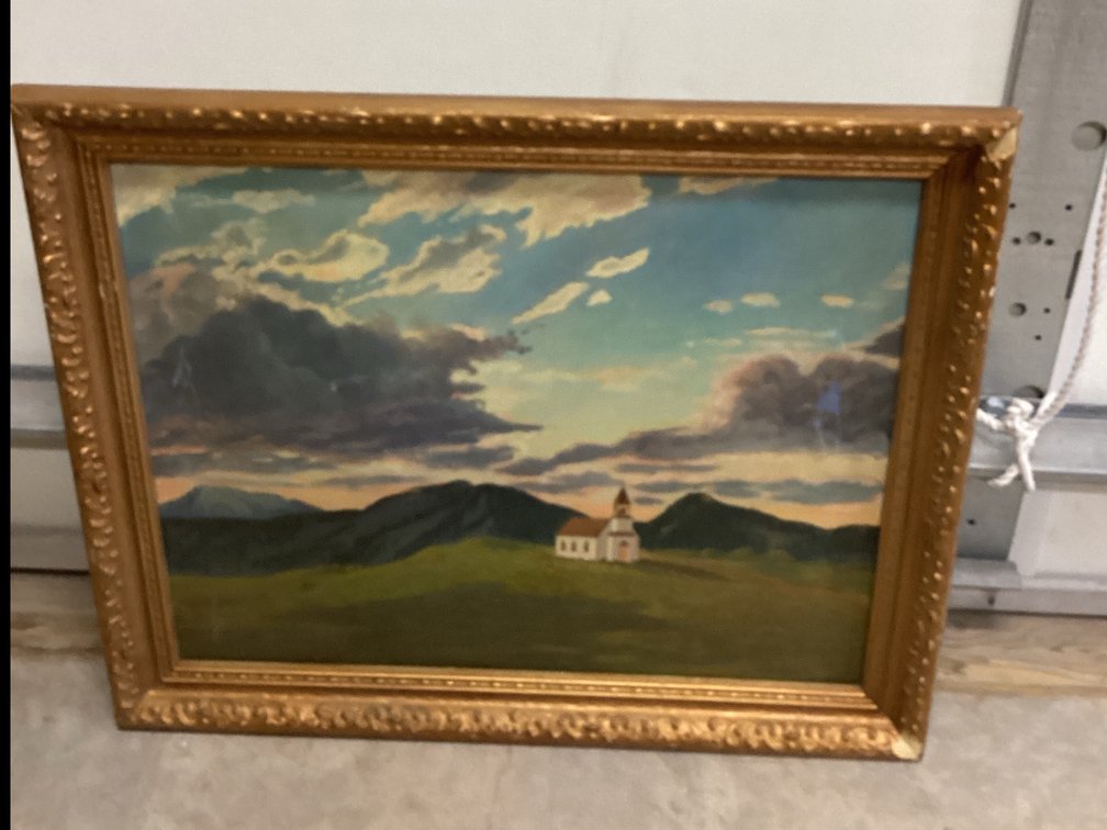 Framed Oil on Canvas Painting “ Country Church in Grassy Field”