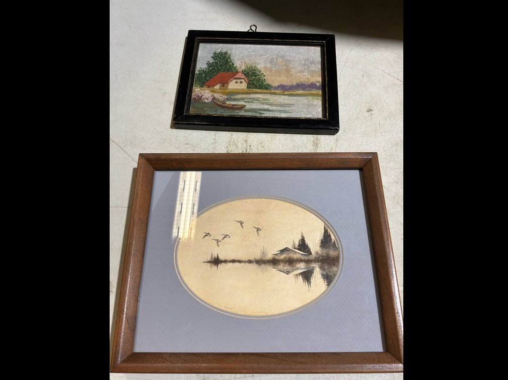 Framed Watercolor of Waterfowl over Marsh Landscape & Needlepoint Tapestry Countryside Cottage by the Water