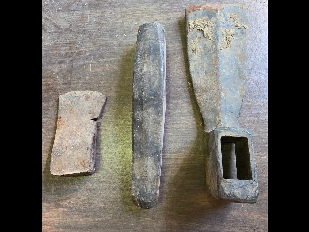Axe Head, Railroad Track Chisel, and Railroad Adze Head
