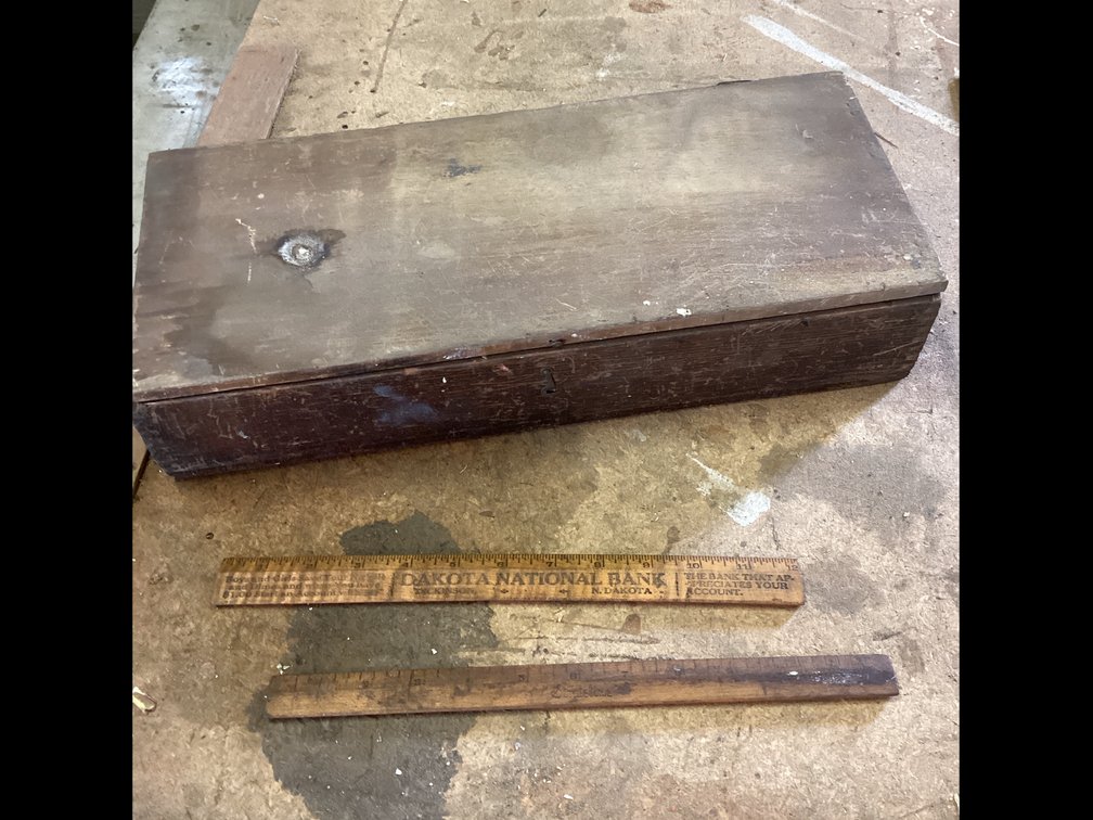 Wooden Box With Hinged Lid & Rulers