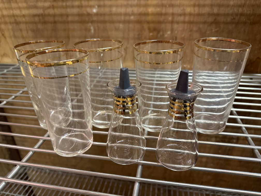 Gold Band Clear Glass Tumblers, Salt Pepper Shakers