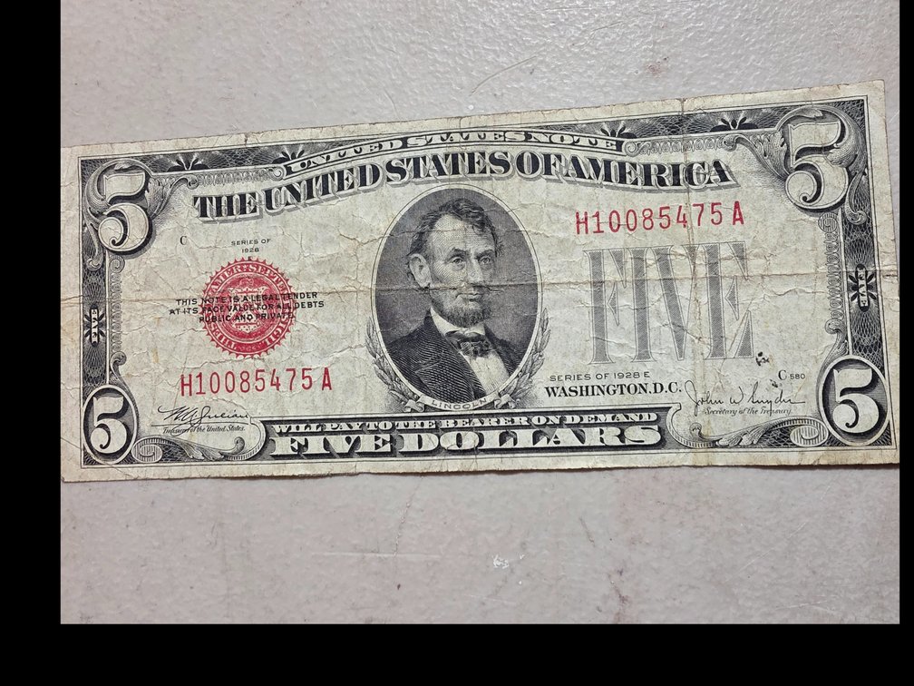 Series 1928E U.S. Red Line $5.00 Bill