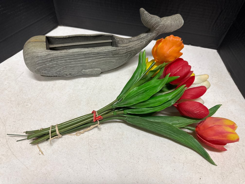Plastic Whale Planter and Flowers