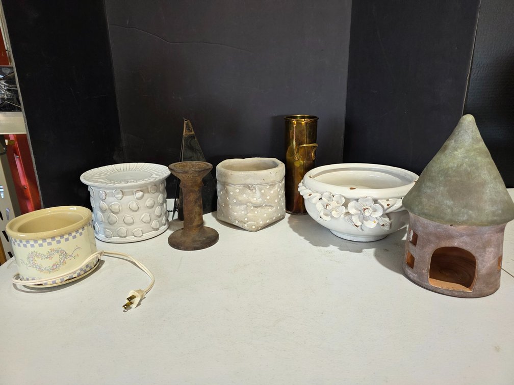 Pots, Candle Holders, Bird House, brass vase, Cast iron repurposed candle holder, etc.