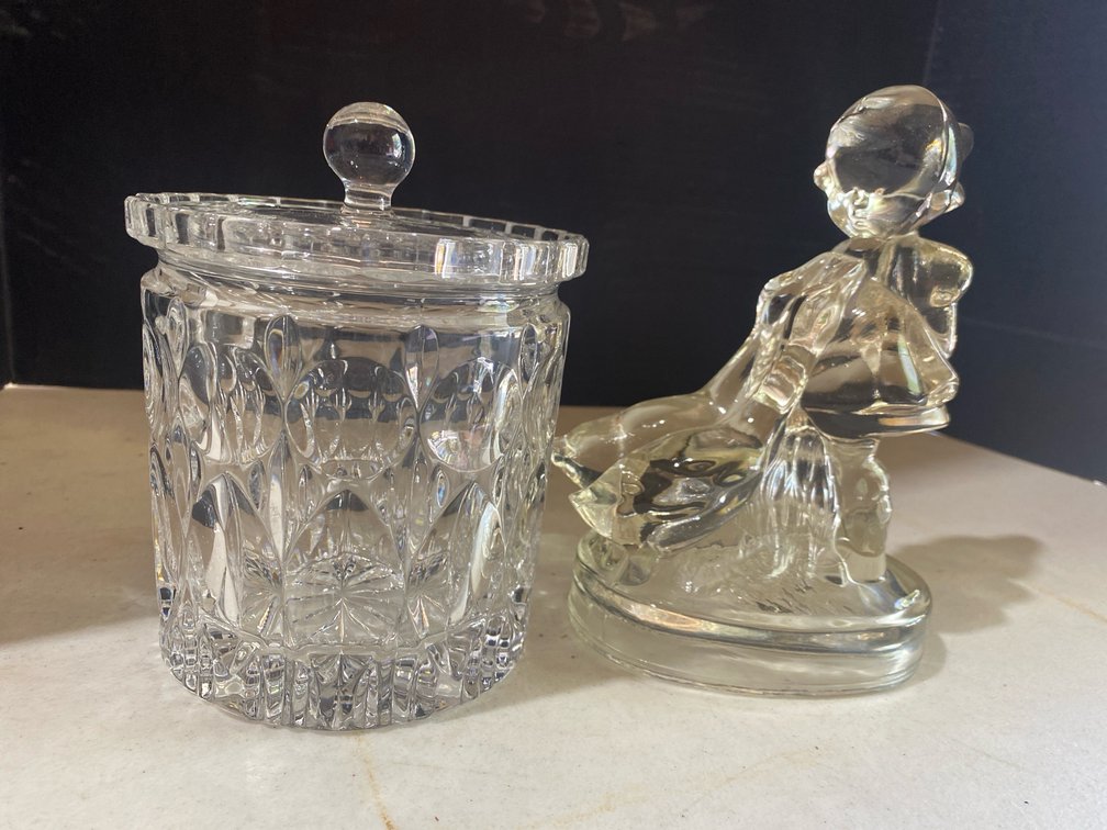 Clear Pressed Glass Biscuit Barrel & Figurine