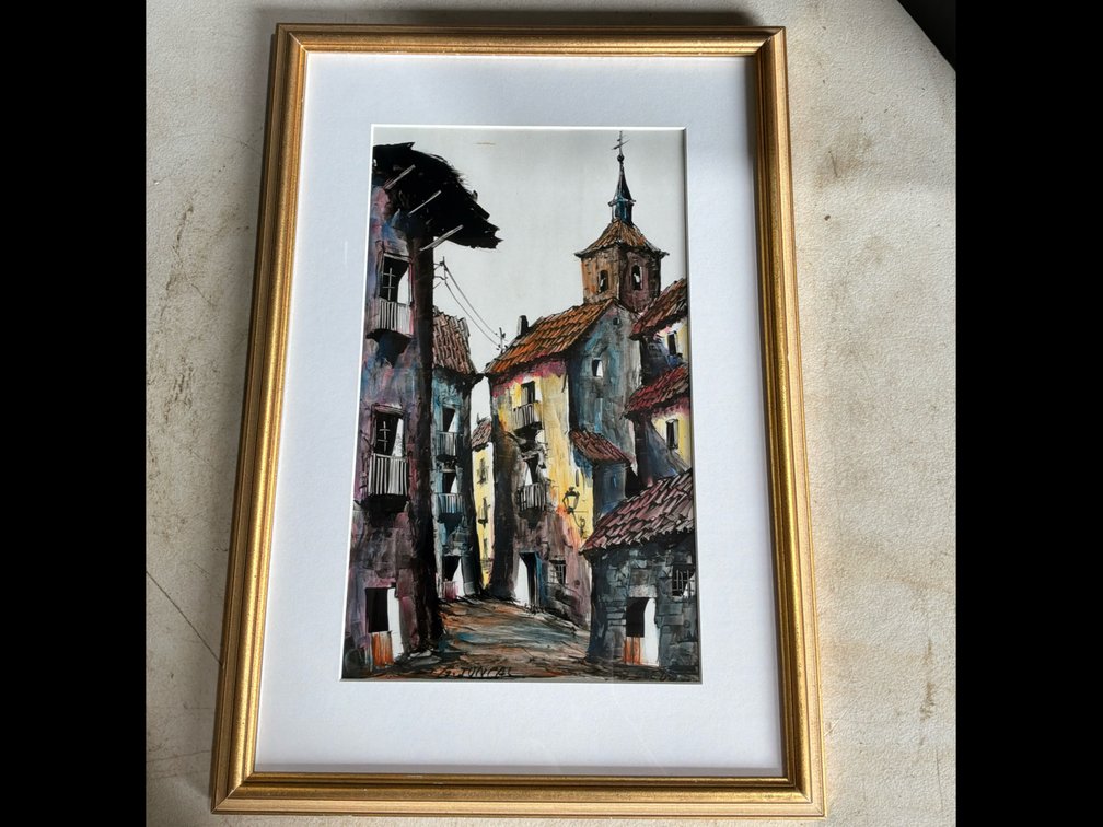 Framed Watercolor & Mixed-Media Painting of Spanish Village by G. Juncal