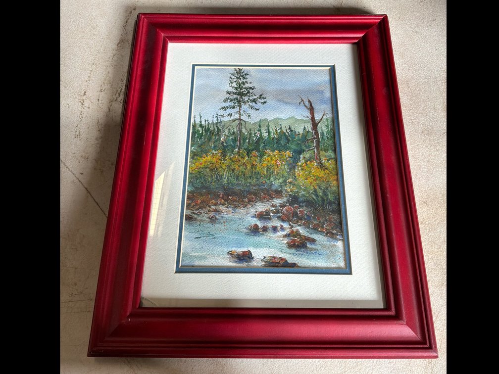 Framed Watercolor Picture “Wilderness Scene by Creek”
