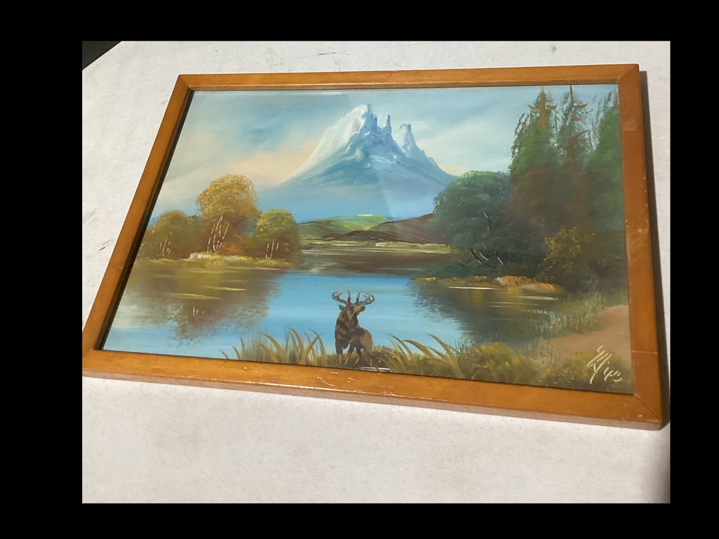 Framed Oil Painting Picture “ Landscaping with Stag by Water”