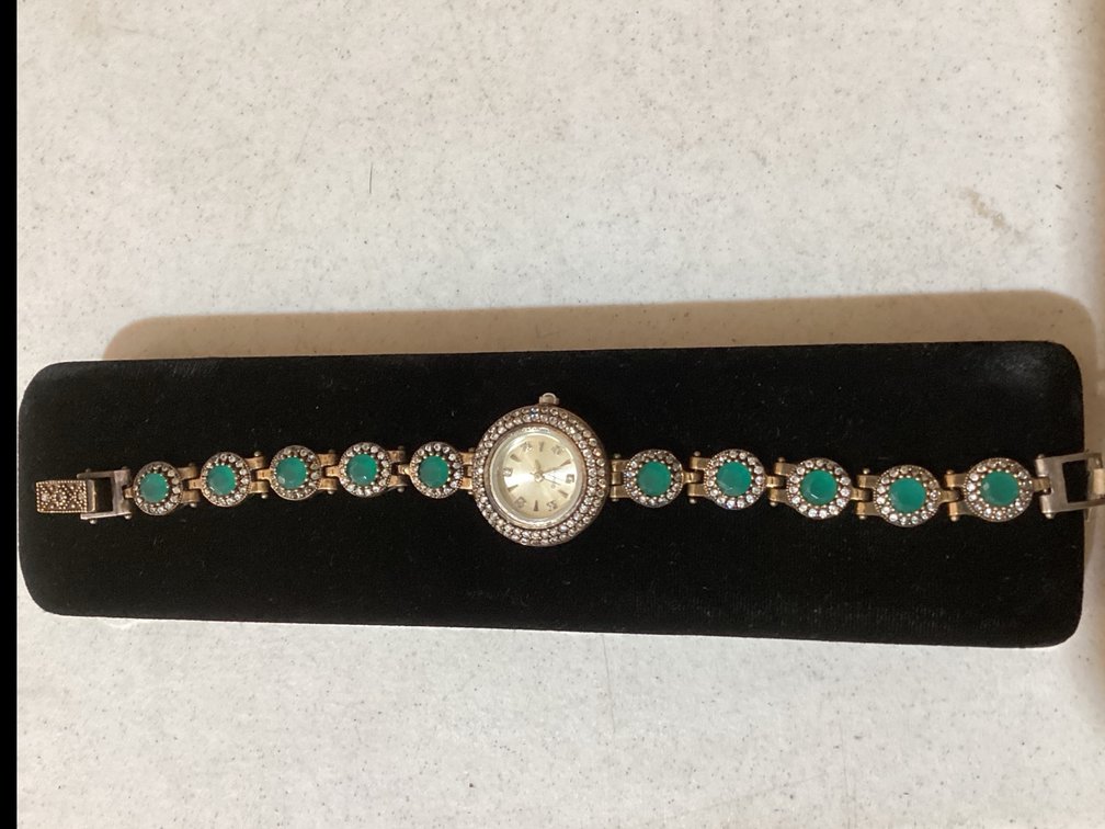 Ladies Sterling Silver With Emeralds Wrist Watch