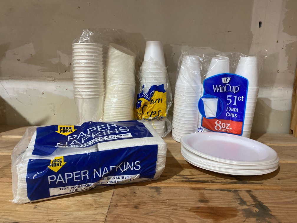 Styrofoam Plates, Napkins, Cups and Paper to go Cups
