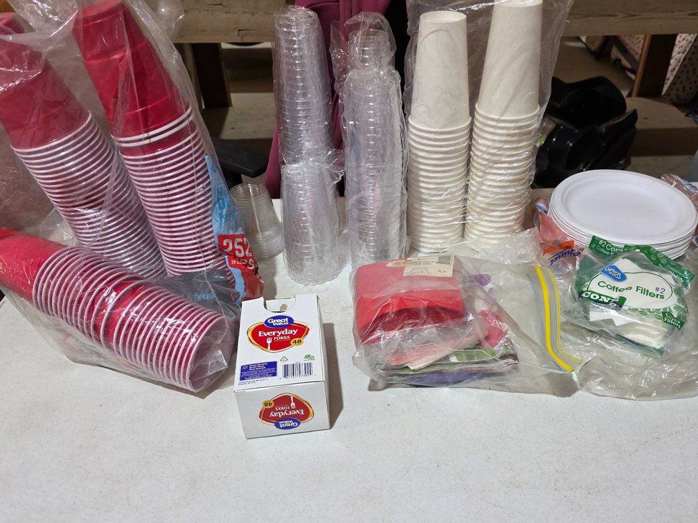 Paper Plates, Plastic Cups, Napkins, Plastic Forks, Coffee Filter, Paper Cups
