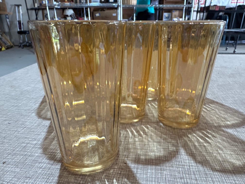 Amber Iredescent Ribbed Glass Tumblers
