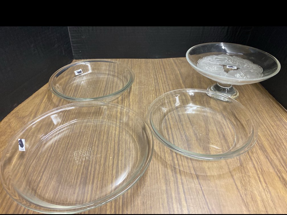 Glass Compote Bowl with Pedestal & Pyrex Pie Plates