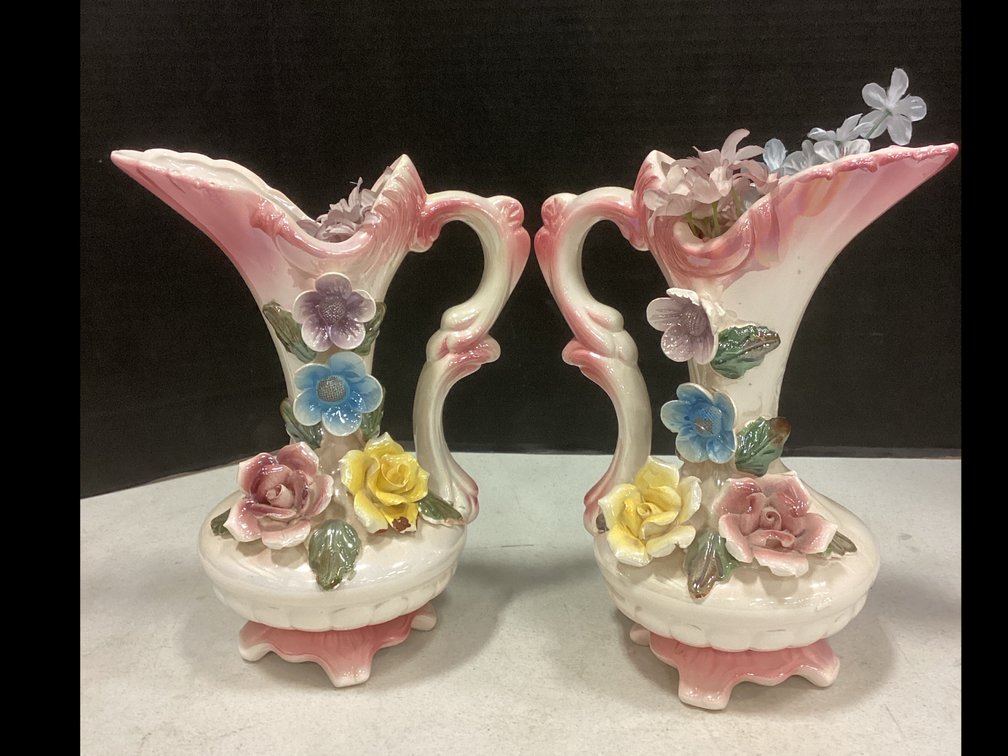 Capodimonte Style Porcelain Floral Pitcher Vases