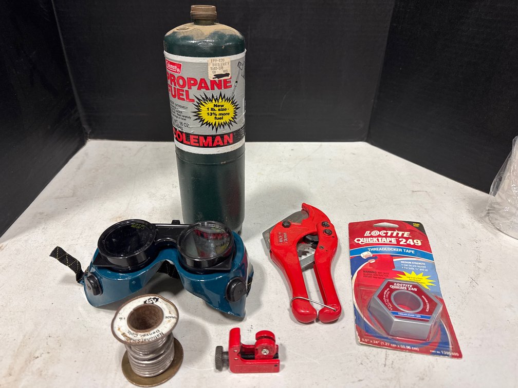 Welding Goggles. Propane Bottle, LockTape, and Tubbing Cutters