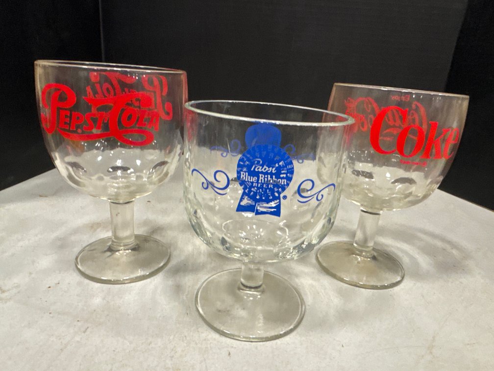 Pepsi- Cola, Coke, and Pabst Blue Ribbon Beer Pedestal Glasses