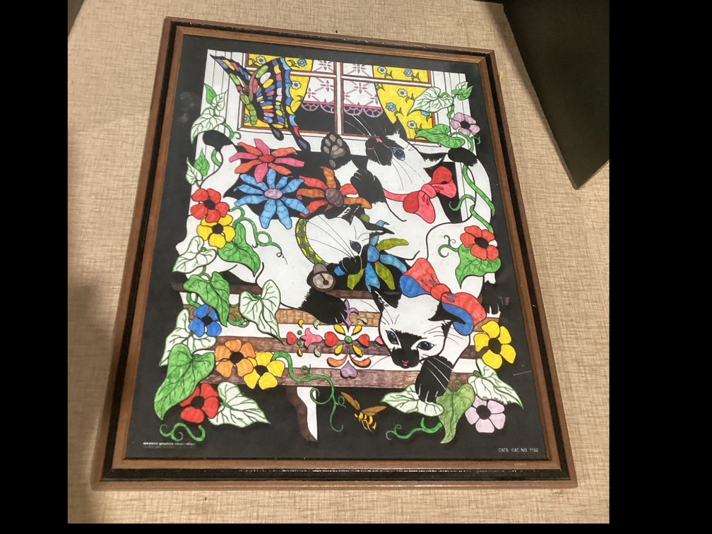 Framed Cat Picture with Flower & Butterflys