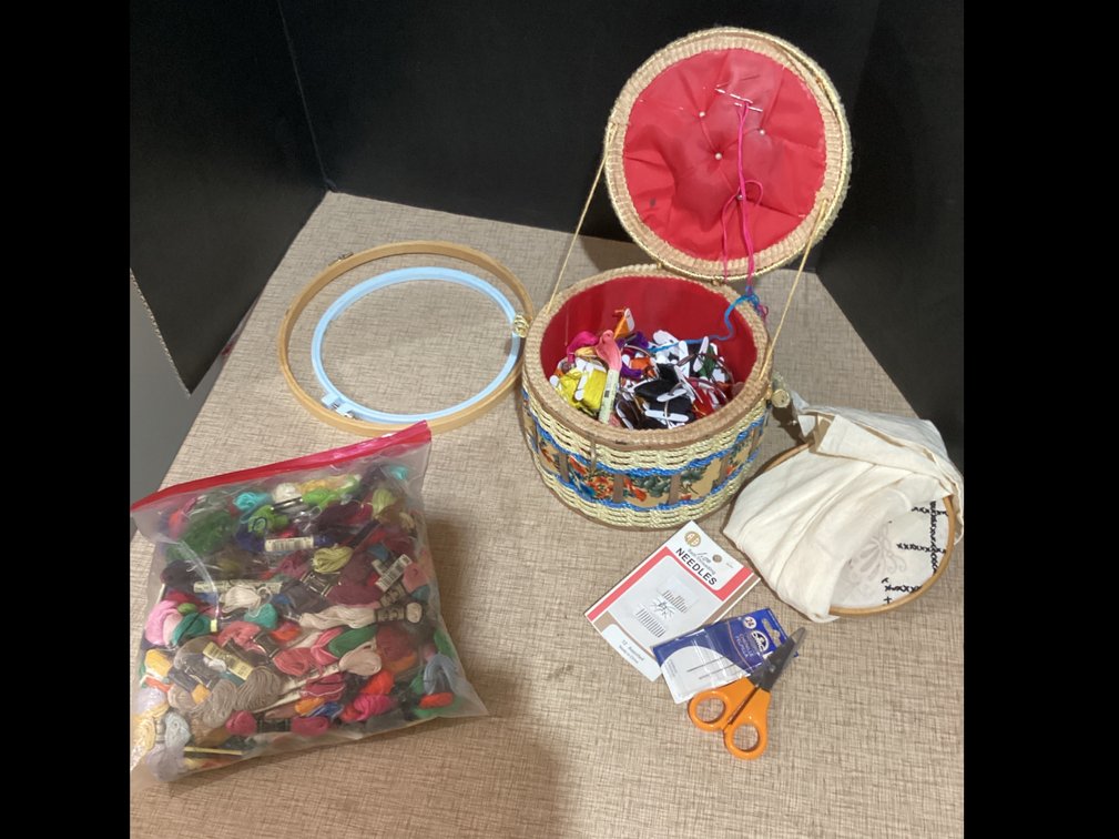 Sewing Basket with Embroidery Thread & Hoops