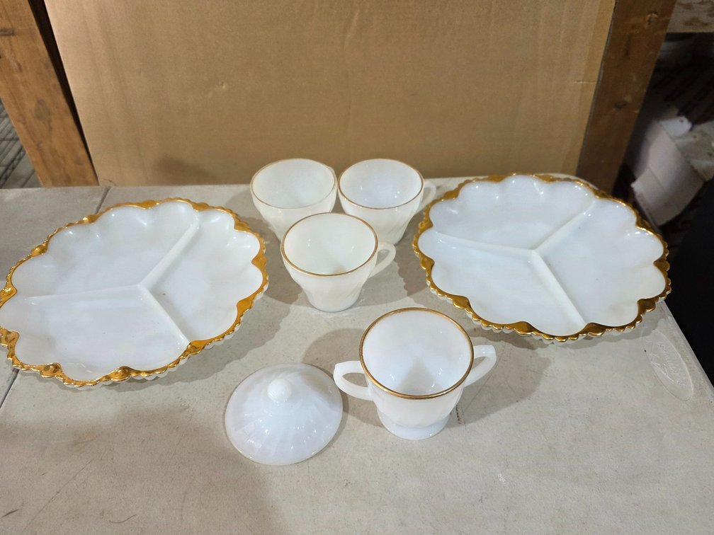 Anchor Hocking Divided Plates, Cups, Sugar Bowl and Lid