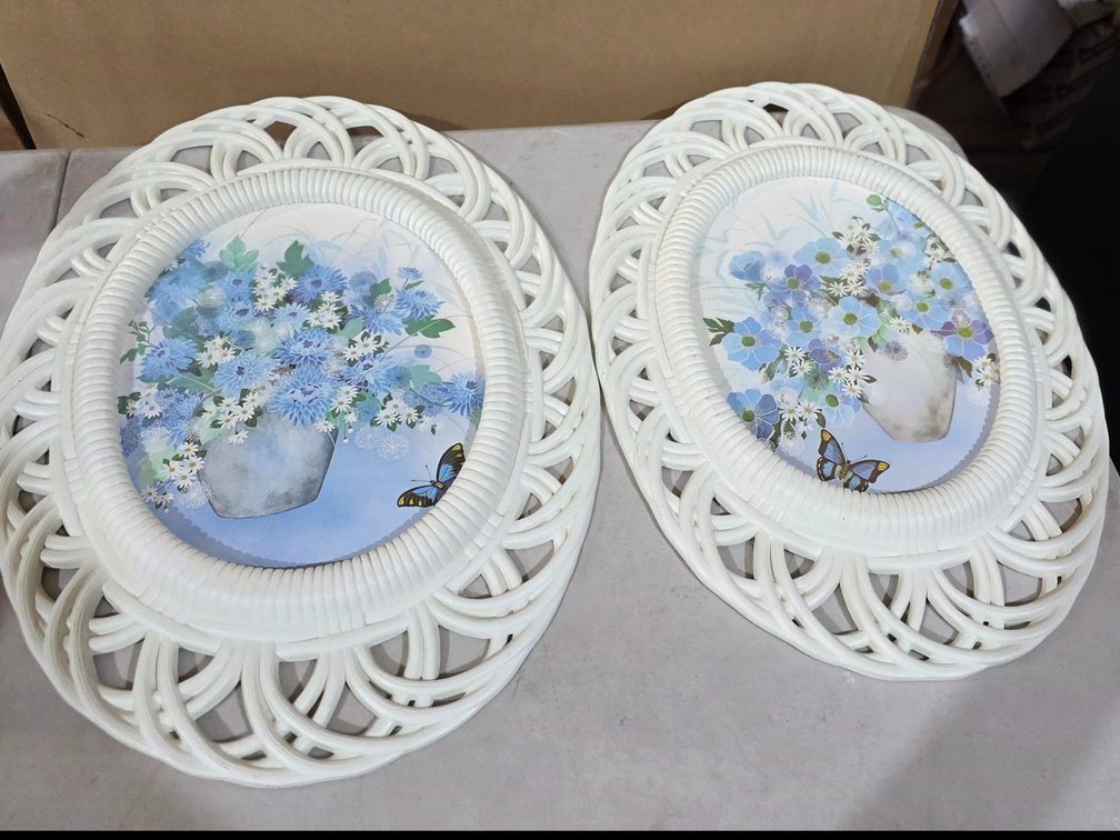 1970s Syroco Faux Wicker Floral Framed Wall Hangings