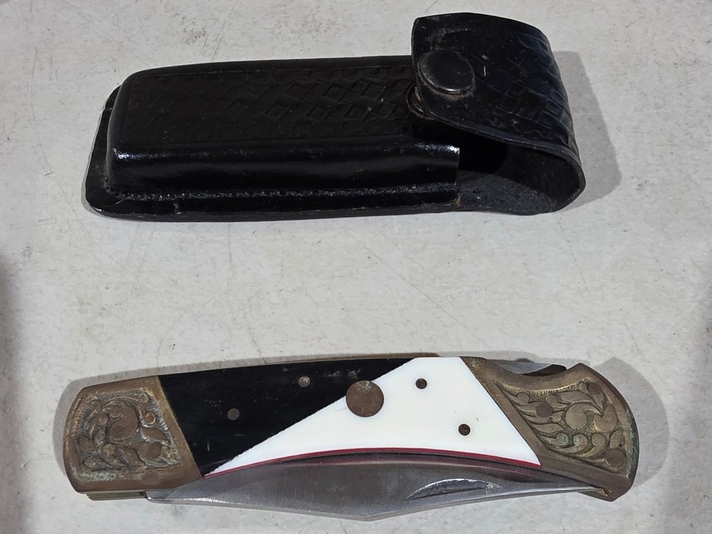 Vintage Folding Deer Hunting Knife, Lock Back Brass Embossed.