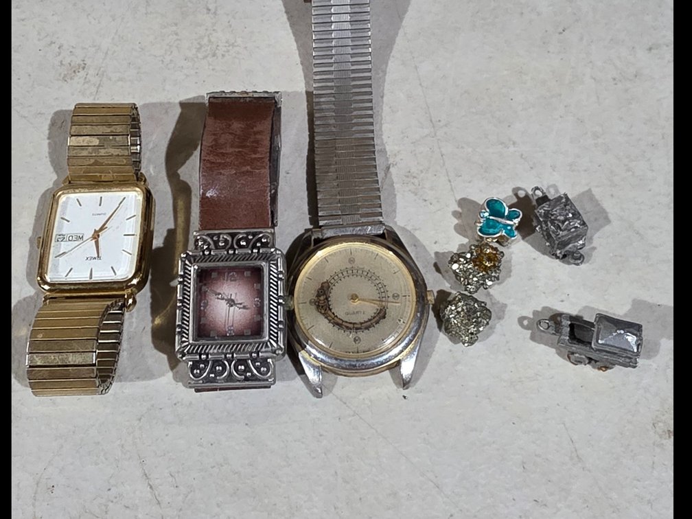 Watches, Fools Gold, Pewter Train Pieces, Butterfly Bead