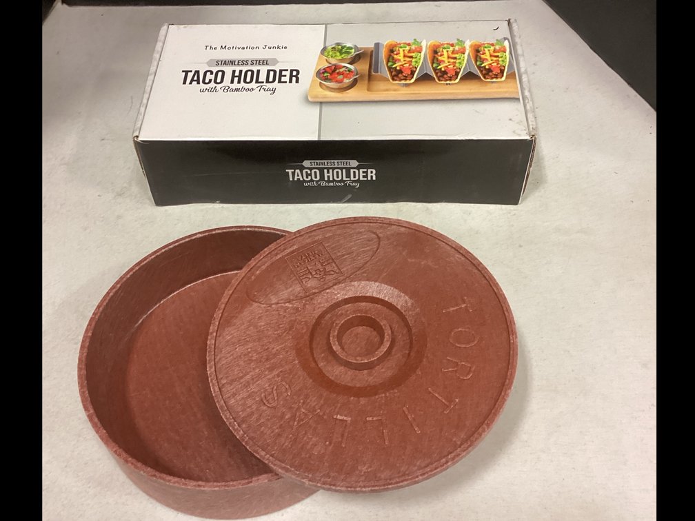 Stainless Steel Taco Holder W/ Bamboo Tray