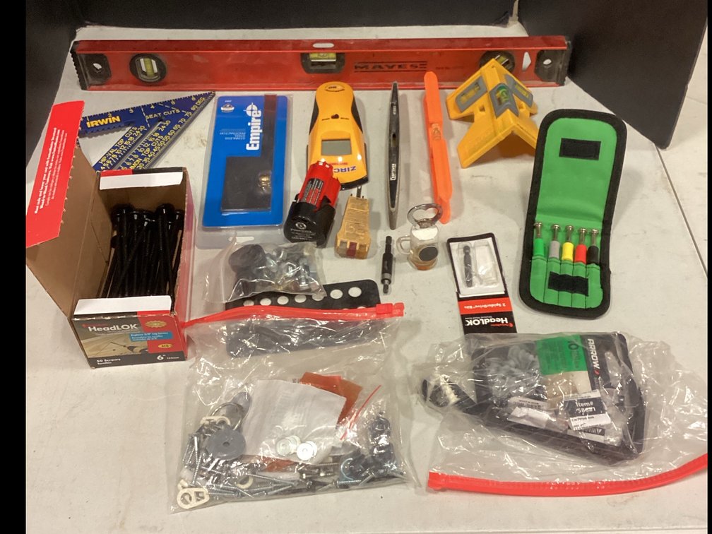 Levels, Square, Screw Driver Set, 6” Wood Screws, Brackets, Assorted Nuts and Bolts.