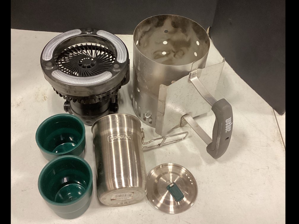 Stanley Camp Cook Set, Weber Charcoal Chimney, Odoland Lamp and Fan.