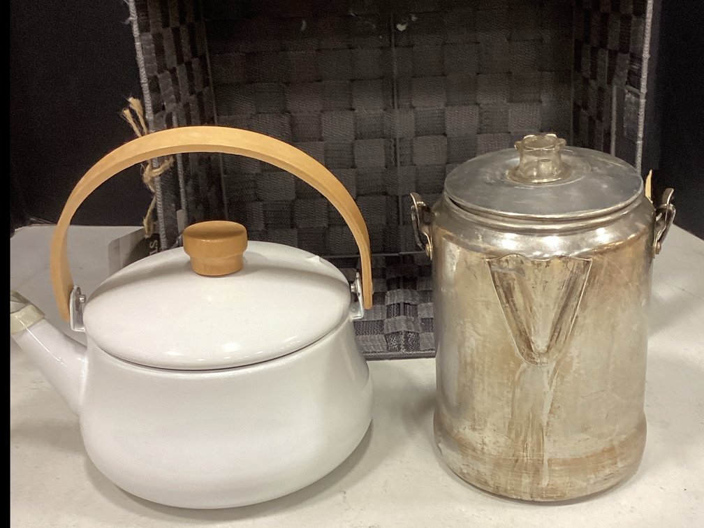 Storage Bin with Tea Kettle and Coffee Pot.