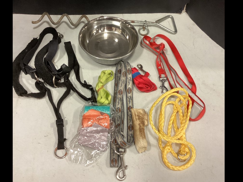 Pet Bowl, Ground Stake, Leashes and Harness