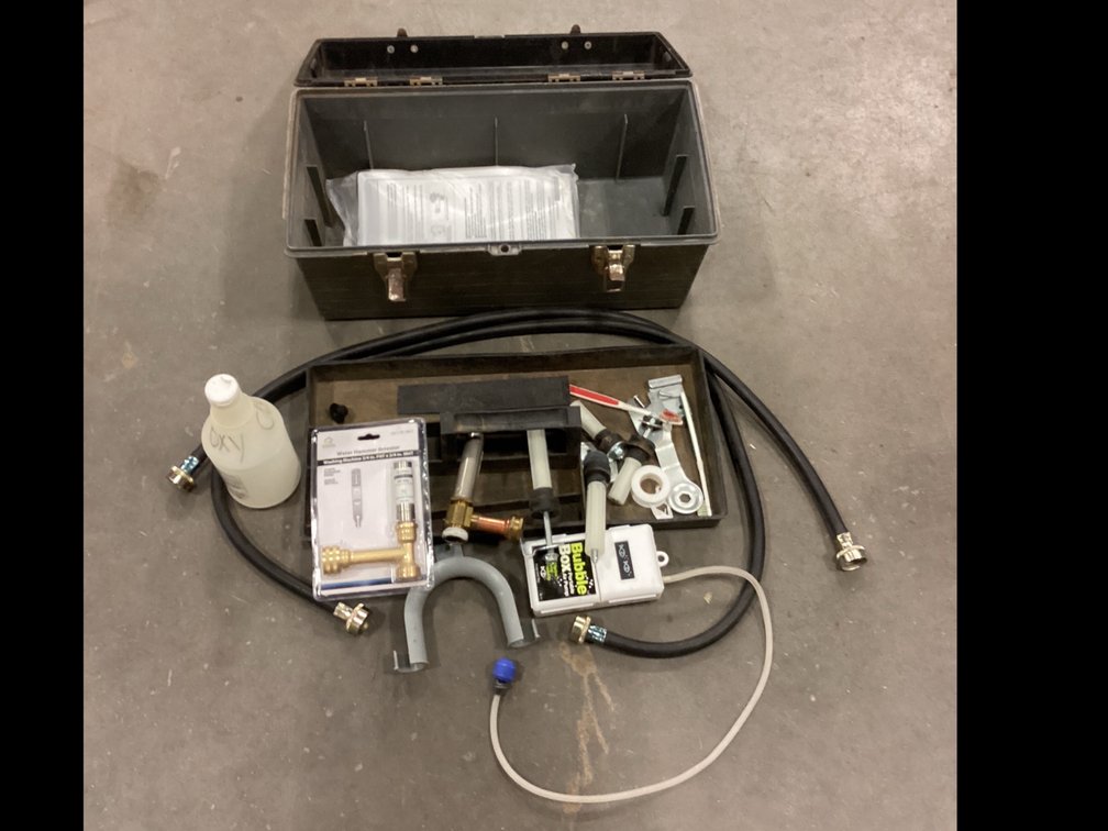 Tool Box with Washing Machine Hoses, Plumbing Vales and Portable Air Pump.