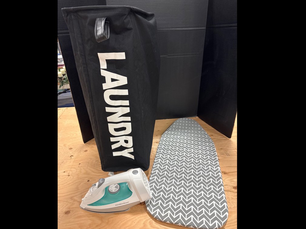Hamilton Beach Iron, Table Top Ironing Board, and Laundry Basket W/Wheels