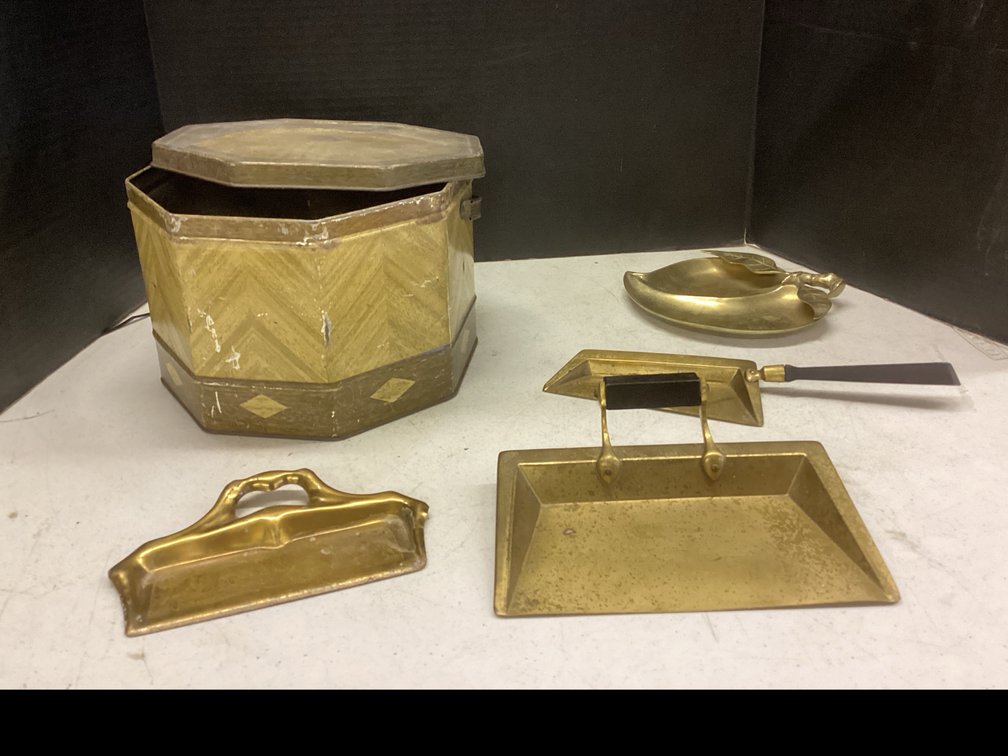 Tin Box with Assorted Brass Plated Items