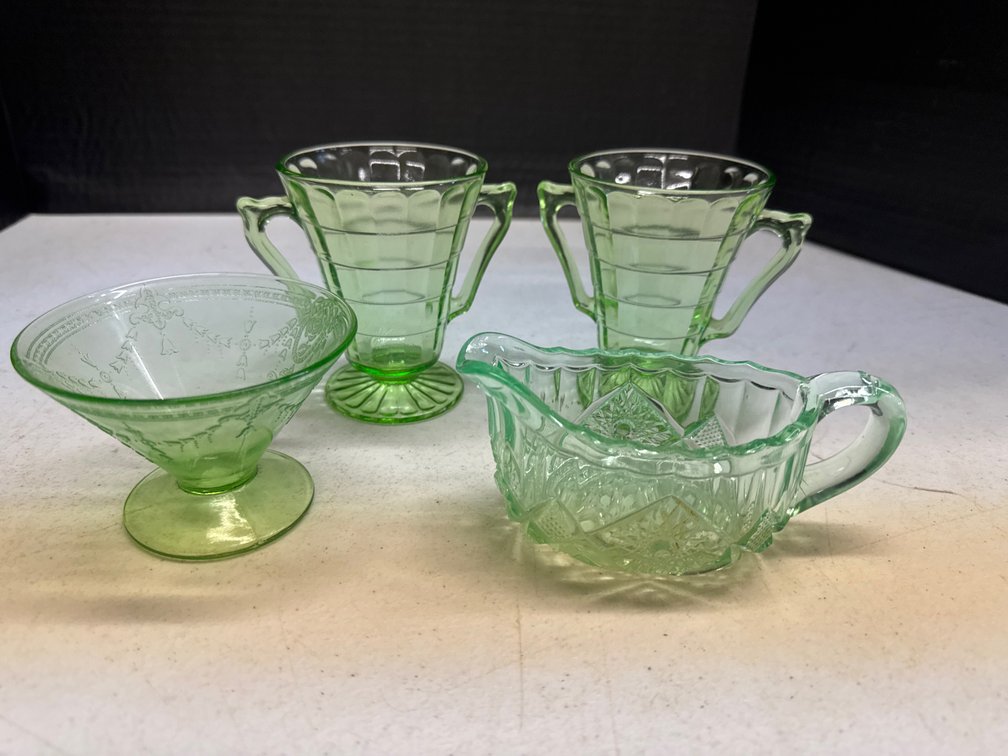 Uranium Depression Glass Creamer, Sugar, and Sherbet Dishes