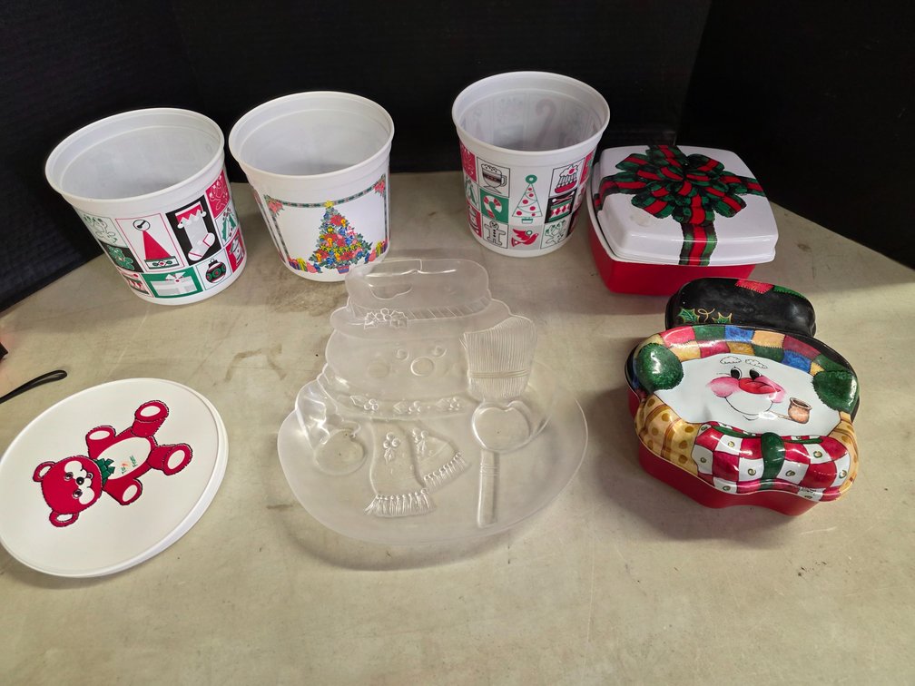 Christmas Tray, Buckets, and Plastic Containers