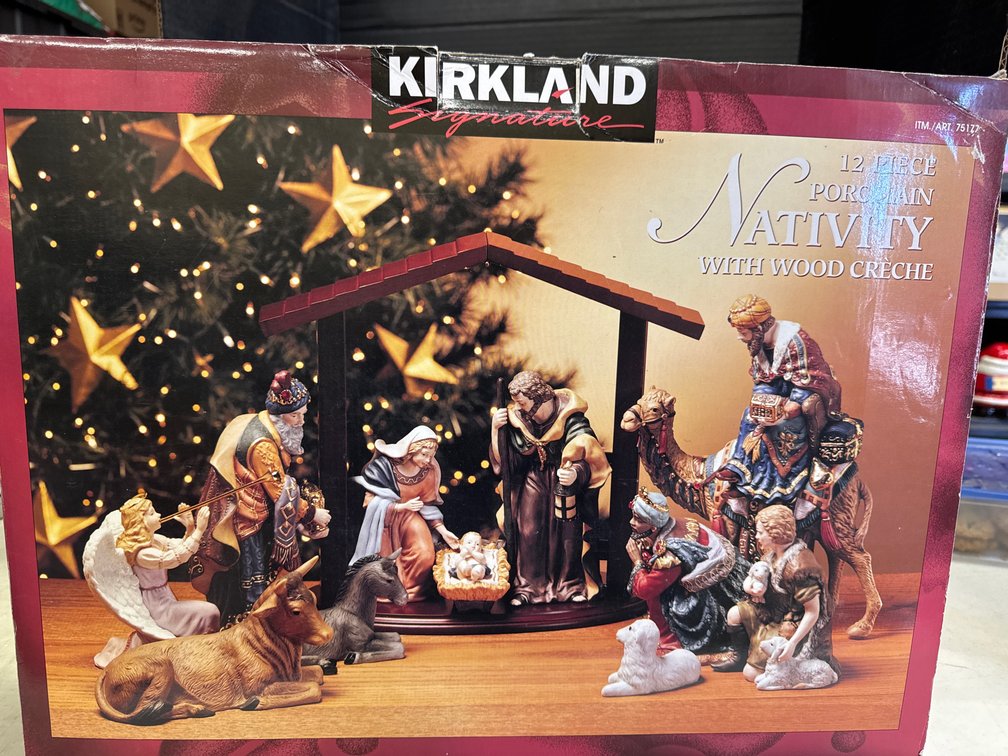 12 Piece Porcelain Nativity W/Wood Creche