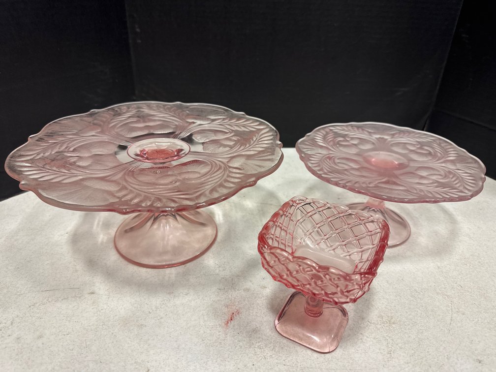 Mosser Thistle Cake Stands and Pink Pedestal Dessert Dish