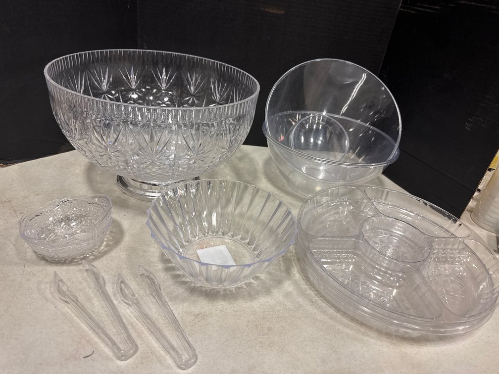 Plastic Punch Bowl, Relish Trays, Serving Bowls, Tongs