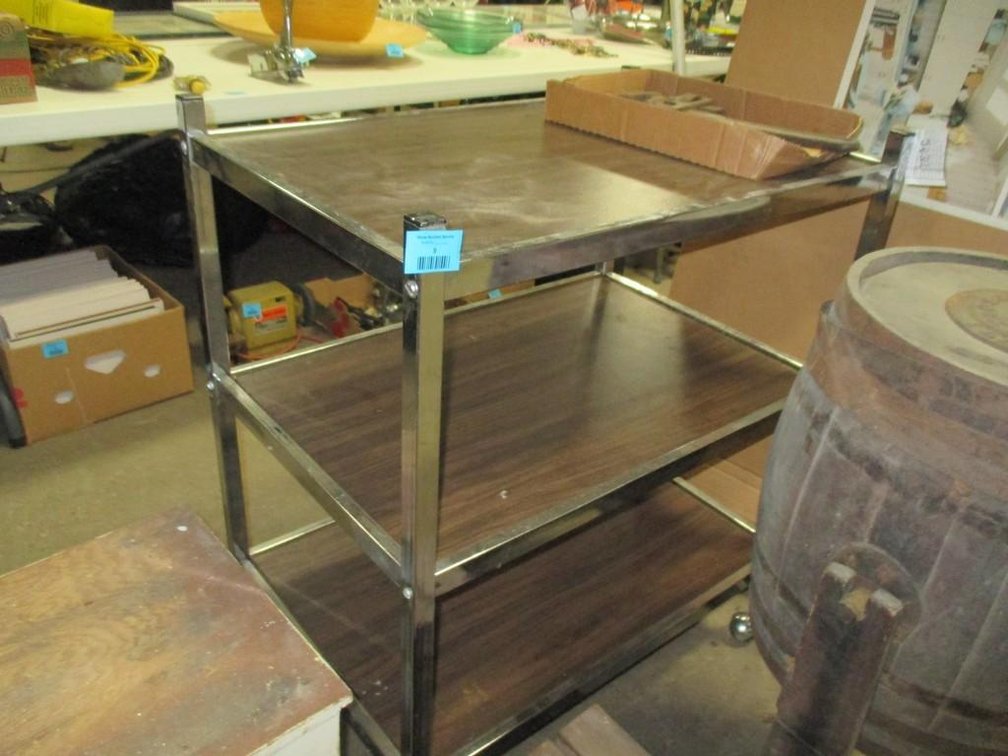 Rolling metal cart with wood shelf inserts