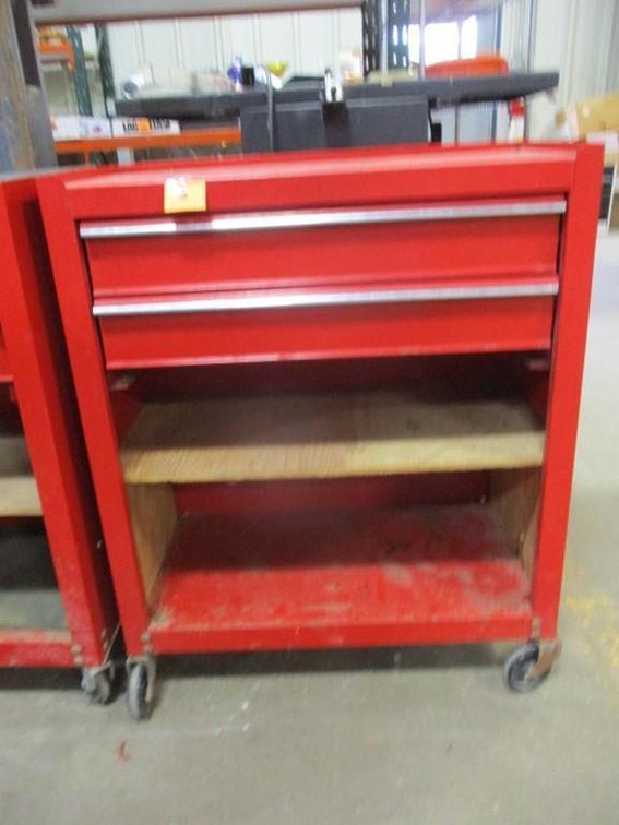 Two drawer metal tool chest on wheels