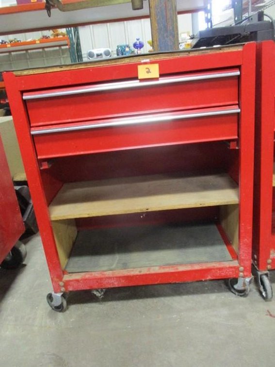 Two drawer metal tool chest on wheels