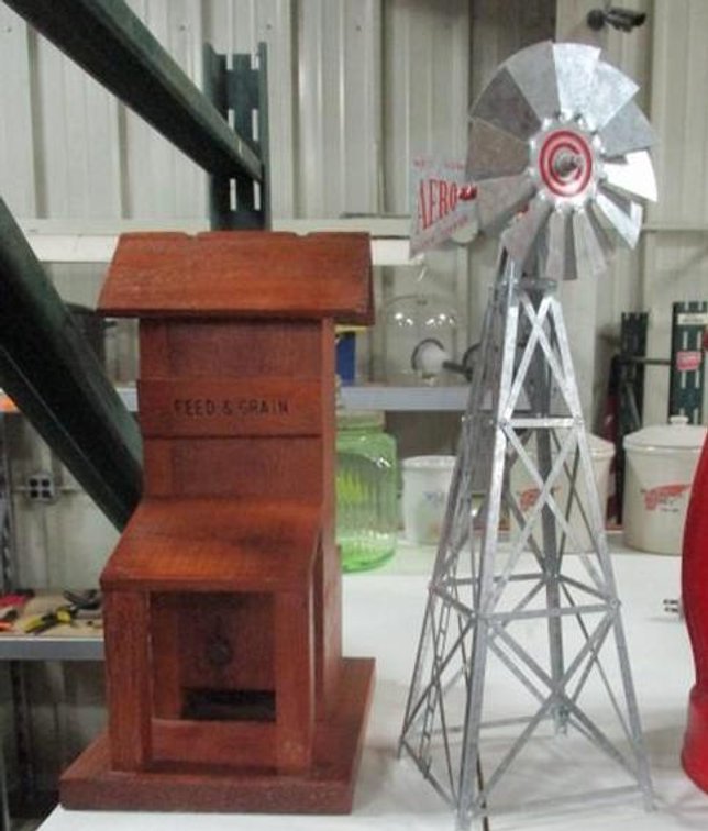 Wood bird feeder and Aero tin windmill